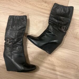 CHANEL Black Leather Wedge Boots